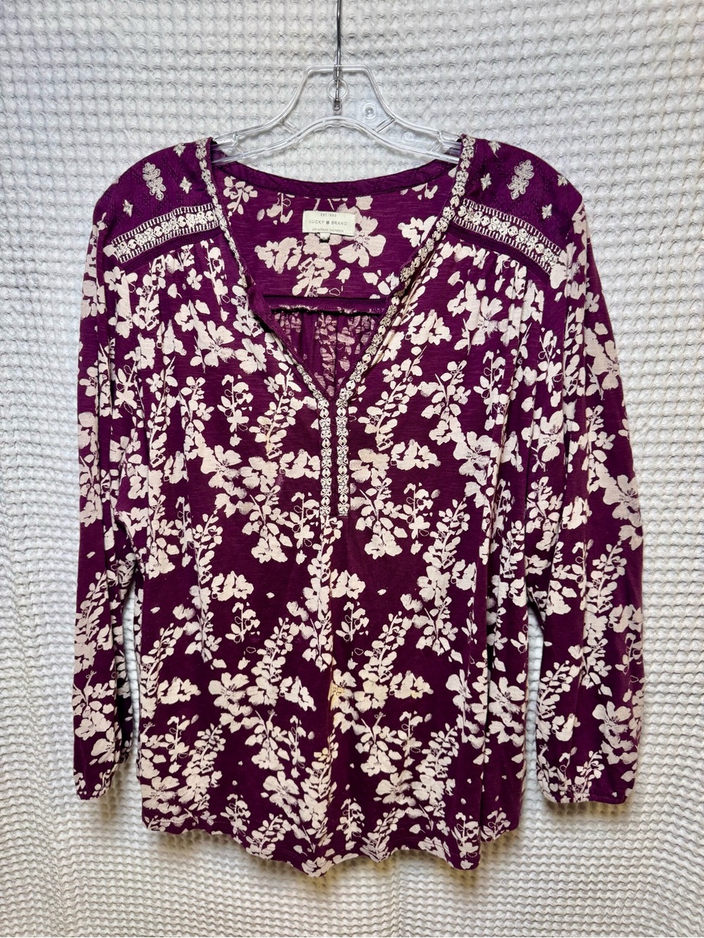 Lucky Brand Boho Mixed Print Peasant Blouse, Size 2X in Plum with Deep Purple